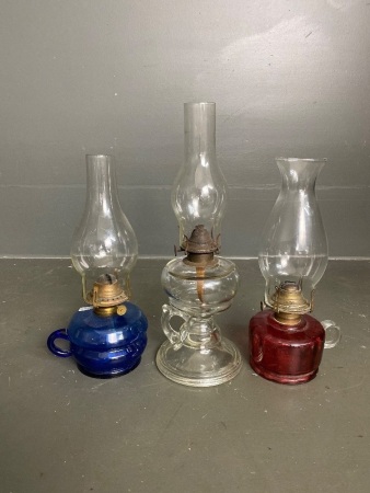 3 x antique kerosene lamps 1 x clear glass, 1x blue (The Miller Co USA) 1x burgundy (No1 Queen Anne SCOVILL)