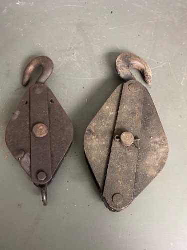 2 x old steel rope pulleys