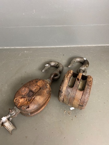 2 x antique wood and steel rope pulleys