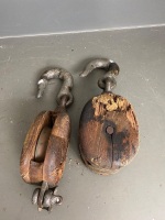 2 x antique wood and steel rope pulleys - 2