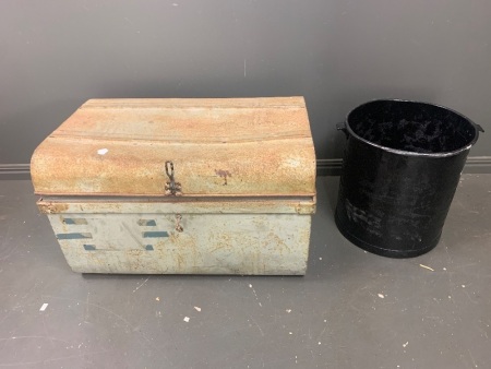 Vintage tin trunk + Lavatory tin