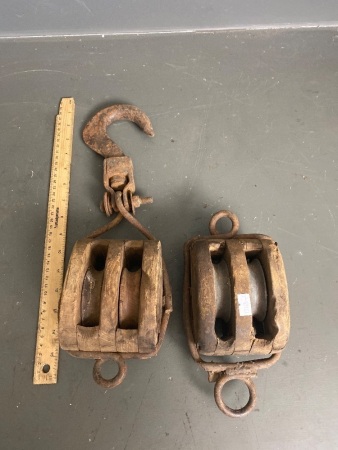 2 antique double rope wooden block and tackle/pulleys