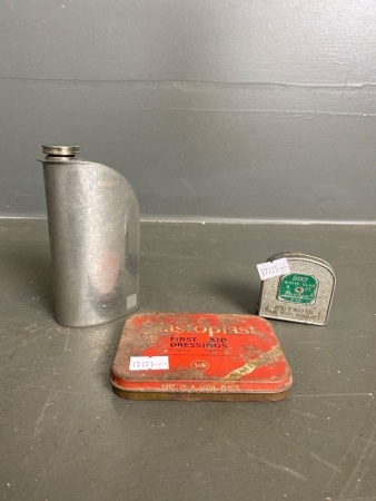 SHEFFIELD MINT designed by Chris Middleton Made in England hip flask, LUFKIN Mezurall 8 ft Made in Canada mini tape measure, Elastoplast First Aid dressing tin.