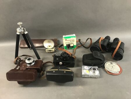 Box Lot of Vintage Cameras, Binoculars and Tripod