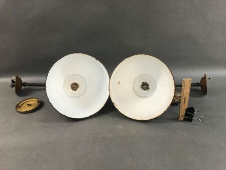 Pair Of Vintage Industrial Wall Lamps with Enamel Shades