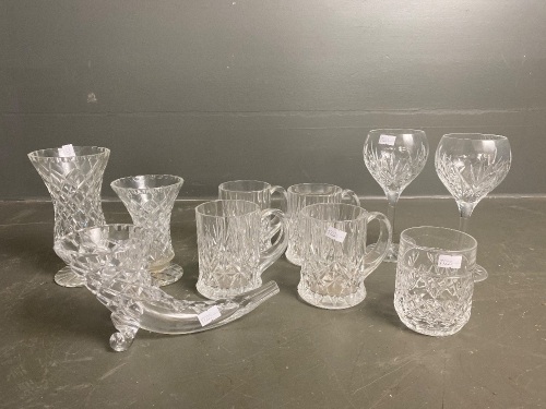 Selection of crystal mugs, 2x waterford wine, 2x vases, tumbler and horn of plenty vase