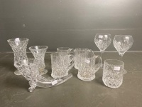 Selection of crystal mugs, 2x waterford wine, 2x vases, tumbler and horn of plenty vase