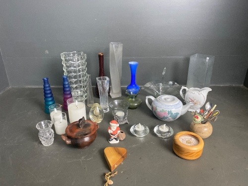 Mixed selection of Bric a brac, vases, tea pot, and candles