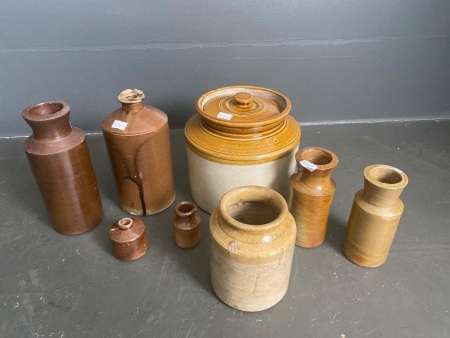 7* assorted size and style stoneware bottles, jugs and jars. (some jars and bottles have minor chips)