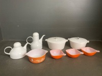 Beautiful West German White Coffee Pot and Tea Pot, 2* White Pyrex Casseroles Dishes, 3* orange Pyrex ramakins, 1* orange Pyrex bowl