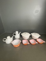 Beautiful West German White Coffee Pot and Tea Pot, 2* White Pyrex Casseroles Dishes, 3* orange Pyrex ramakins, 1* orange Pyrex bowl - 2