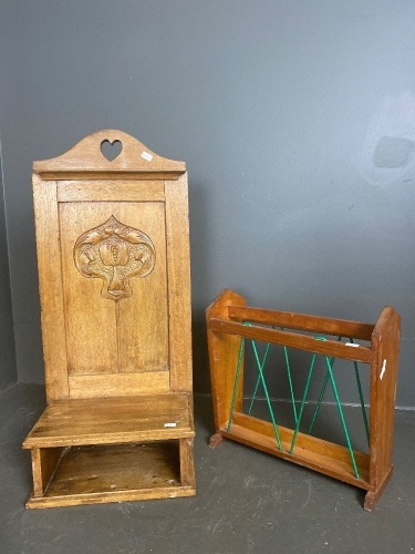 Antique wall hanging telephone stand with wooden magazine rack