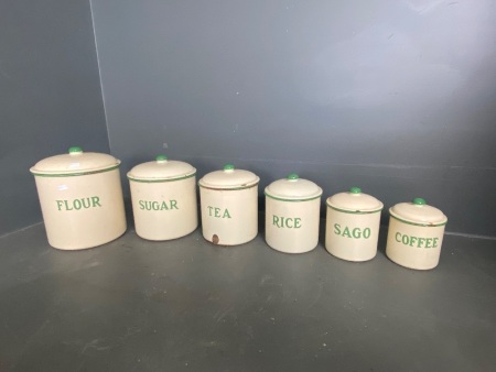 Beautiful set of 6 vintage enamel storage ware