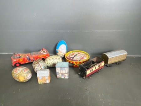 Tin Toys - 4* eggs, 2* Sml Houses, 3*Hornby Trains, 1*Fire Engine, 1 Tambourine