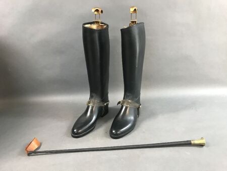 Pair of Riding Boots & Stretchers + Metal Topped Vintage Riding Crop