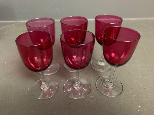 6 Cranbery Victorian wine glasses