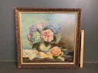 Still Life of Hydrangeas in a Vase - Oil on board - signed N. Cunningham