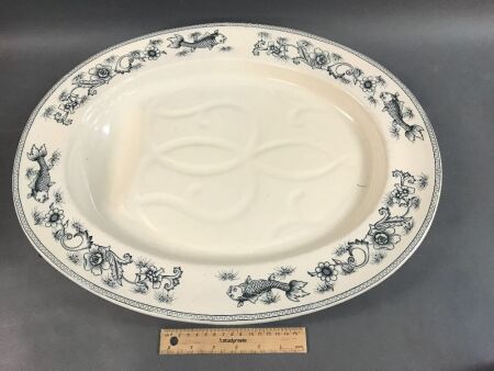 XL Antique Copeland Blue & White Fish Design Serving Platter