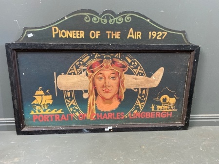 Painted wooden sign Pioneer of the Air 1927 portrait of Charles Lingbergh (910x610)