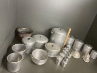 Large collection of Aluminium ware. 2* cake tins, 1 bread tin with lid, 3* caniters / label (1 lid), 4* canisters /no labels 4 lids, 2* jelly moulds, 1* coulinder,* spice jars with lids, 5* spice jars with lids