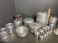 Large collection of Aluminium ware. 2* cake tins, 1 bread tin with lid, 3* caniters / label (1 lid), 4* canisters /no labels 4 lids, 2* jelly moulds, 1* coulinder,* spice jars with lids, 5* spice jars with lids - 3