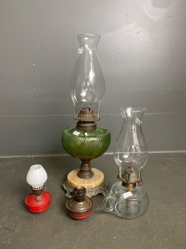 Kerosene Lamps - 1* large with chimney, 1* small, 2 * Balsum lamps (1* chimney)