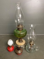 Kerosene Lamps - 1* large with chimney, 1* small, 2 * Balsum lamps (1* chimney) - 2