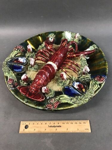 Vintage Palissy Style Majolica Wall Plate with Lobster & Mussels etc. Stamped to Underside.