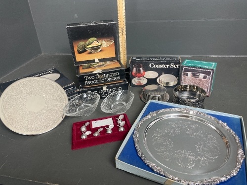 Fine dining items including silverplate placemats, coasters, serving platter and avocado dishes