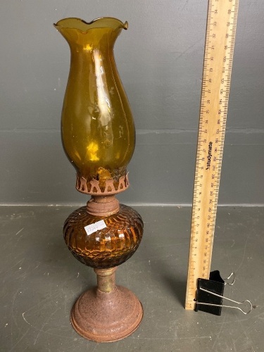 Brown glass kero lamp with metal base