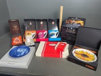 Qty table ware inc. celebrity coffee mugs, glass cheese platters, Webb crystal bell, Royal Copenhagen plate etc.