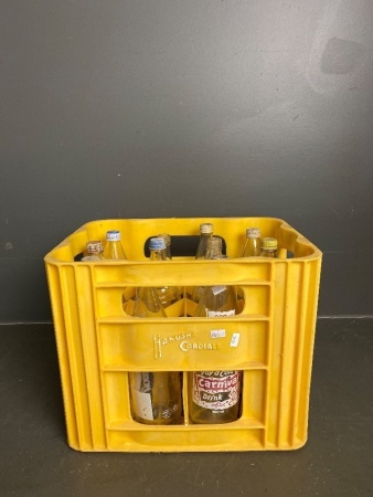 Hanush's Cordials yellow crate with 12 900ml Vintage cordial bottles