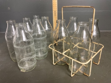 10 old milk bottle and carry rack