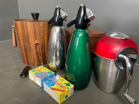 2* large wooden ice buckets (one missing handle), 1* Anodized Ice Tongs, 2* Anodized Soda Syphons (plus bulbs), 1* Ice crusher - 2