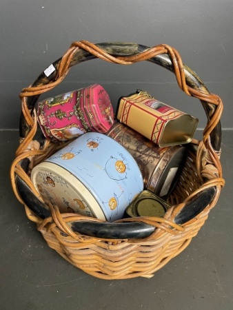 Cane basket with assorted tins