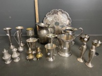 Assorted silver plate, 3 sep pots, 4 bud vases,2 sml tankards, ice bucket, 2 water jugs,3 goblets