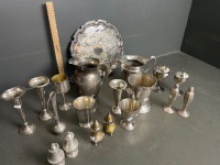 Assorted silver plate, 3 sep pots, 4 bud vases,2 sml tankards, ice bucket, 2 water jugs,3 goblets - 2