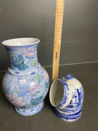 2 china pieces in blue- Spade Italian salt pig + tall vase