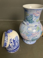 2 china pieces in blue- Spade Italian salt pig + tall vase - 3