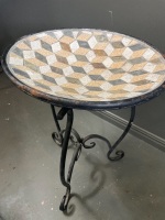 Metal and tile bird bath