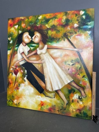 Lovers kissing oil on canvas signed large