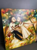 Lovers kissing oil on canvas signed large - 2