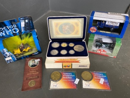 Kids pack of 3 toy cars, commemorative coins and Australian baby coin set