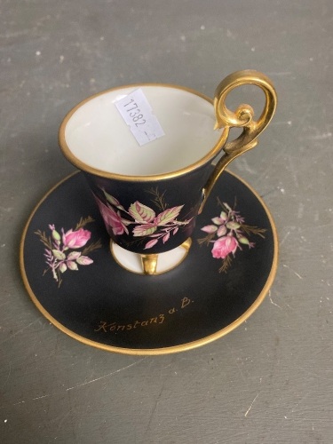 Plankenfels Porzellan Cup and Saucer - Matte Black Vase Gold Trim with Painted Rose by Konstanz.B + Doilie