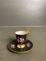 Plankenfels Porzellan Cup and Saucer - Matte Black Vase Gold Trim with Painted Rose by Konstanz.B + Doilie - 2