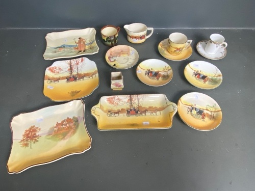 Royal Doulton Shakesperian country & coaching, 8 small plates, cups, bud vase,2x lge sandwich plates