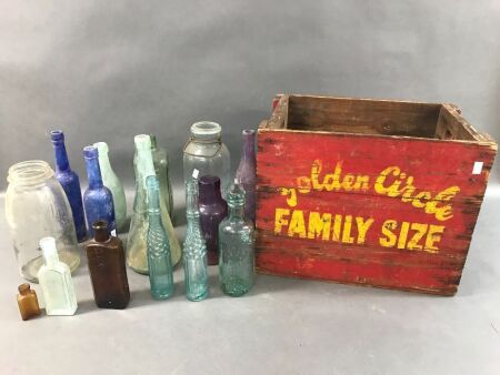 Vintage Family Circle Crate & Asstd Vintage Soft Drink Bottles