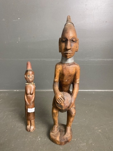 Carved tribal figure with drum - Africa + carved female figure from timor H21cm