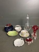 Mixed china Queens, Royal Doulton, Forstenberg, Royal Winter, Red & clear glass vases, clear decanter with topper