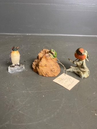 3 Miniature Sculptures - 2 ceramic (bird and penguin) and handcrafted Northern Dwarf Tree Frog by Jane Elwell